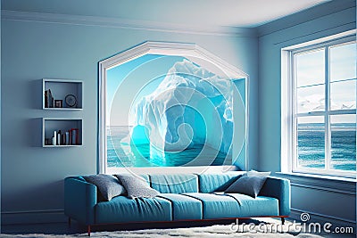 Modern luxury living room lounge with great view iceberg ocean Stock Photo