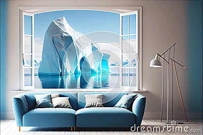 Modern luxury living room lounge with great view iceberg ocean Stock Photo