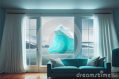 Modern luxury living room lounge with great view iceberg ocean Stock Photo