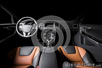 Modern luxury prestige car interior, dashboard, steering whee Stock Photo