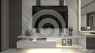 Modern and Luxury Television Cabinet Design with Minimalist Table and Wall Panel Decoration Stock Photo