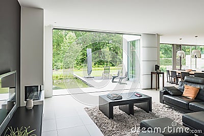 Modern luxury villa interior, open door, gadern, swimming pool. Stock Photo