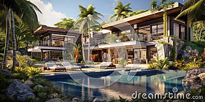 Modern luxury villa, rich mansion with pool and palm trees in summe Stock Photo