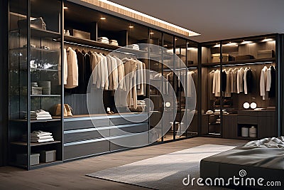 modern luxury walk in closet with mirror wardrobe doors and led lights inside Stock Photo