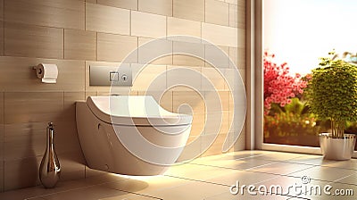 Modern, luxury wall hung toilet bowl, closed seat with dual flush, reeded glass partition, bidet, tissue paper holder, white Stock Photo