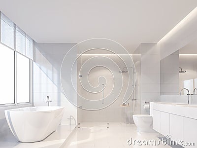 Modern luxury white bathroom 3d render,The sun is shining to inside. Stock Photo