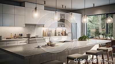 Modern luxury white kitchen. Large kitchen island with marble countertops and bar stools, luxurious chandeliers Stock Photo