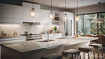 Modern luxury white kitchen. Large kitchen island with marble countertops and bar stools, luxurious chandeliers Stock Photo