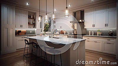 Modern luxury white kitchen. Large kitchen island with marble countertops and bar stools, luxurious chandeliers Stock Photo