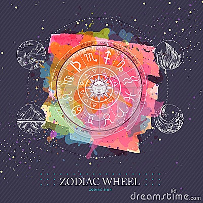 Modern magic witchcraft Astrology wheel with zodiac signs on watercolor background. Horoscope vector illustration Vector Illustration