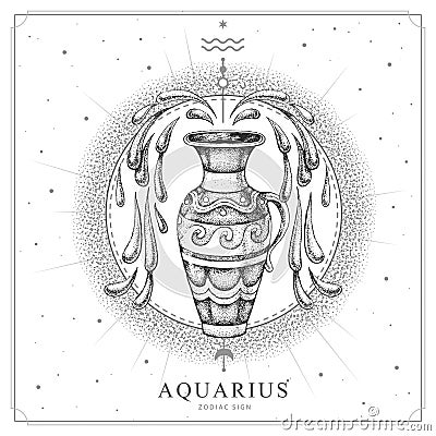 Modern magic witchcraft card with astrology Aquarius zodiac sign. Realistic hand drawing water jug illustration Vector Illustration