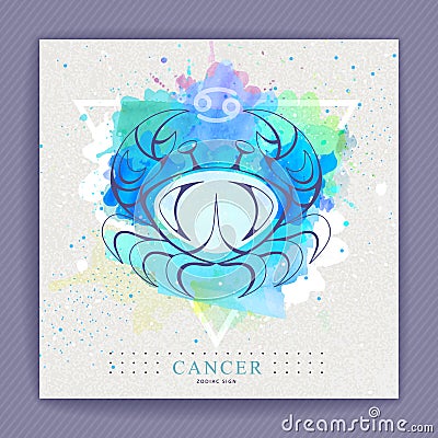 Modern magic witchcraft card with astrology Cancer zodiac sign on artistic watercolor background. Crab logo design Vector Illustration