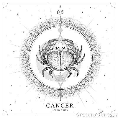 Modern magic witchcraft card with astrology Cancer zodiac sign. Realistic hand drawing crab illustration Vector Illustration