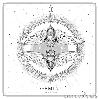 Modern magic witchcraft card with astrology Gemini zodiac sign. Realistic hand drawing butterfly or cicada illustration Vector Illustration