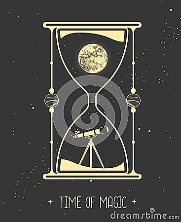 Modern magic witchcraft card with astrology hourglass with moon and telescope inside Vector Illustration