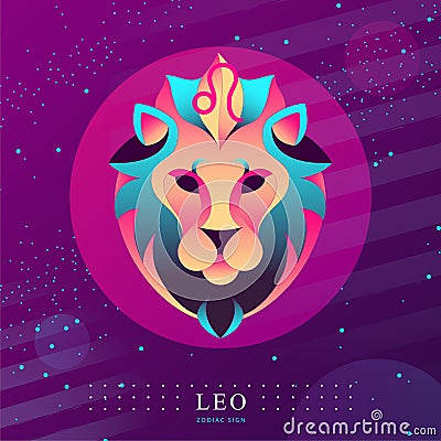 Modern magic witchcraft card with astrology Leo zodiac sign. Lion head logo design Vector Illustration