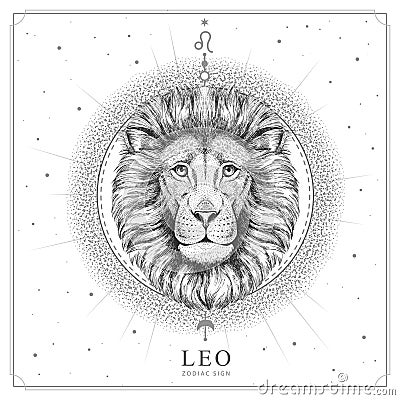 Modern magic witchcraft card with astrology Leo zodiac sign. Realistic hand drawing lion head Vector Illustration