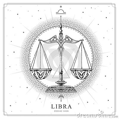 Modern magic witchcraft card with astrology Libra zodiac sign. Realistic hand drawing scales illustration Vector Illustration