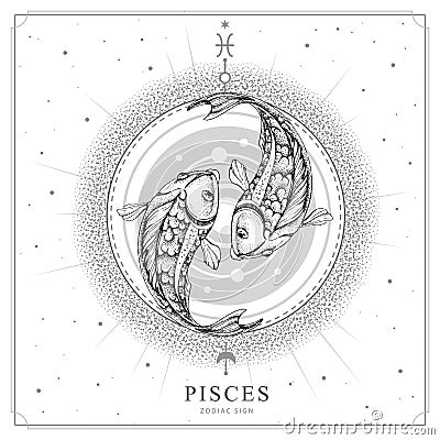 Modern magic witchcraft card with astrology Pisces zodiac sign. Realistic hand drawing koi fish illustration Vector Illustration