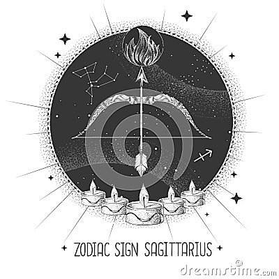 Modern magic witchcraft card with astrology Sagittarius zodiac sign. Realistic hand drawing Bow and arrow illustration. Vector Illustration