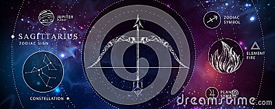 Modern magic witchcraft card with astrology Sagittarius zodiac sign. Realistic hand drawing Bow and arrow illustration. Vector Illustration