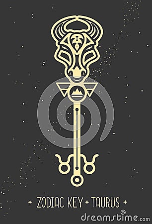 Modern magic witchcraft card with astrology Taurus zodiac sign. Magic key silhouette Vector Illustration