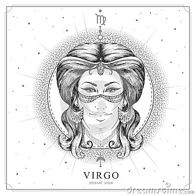 Modern magic witchcraft card with astrology Virgo zodiac sign. Realistic hand drawing woman head Vector Illustration