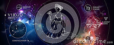 Modern magic witchcraft card with astrology Virgo zodiac sign. Realistic hand drawing woman head. Vector Illustration