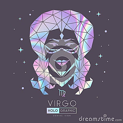 Modern magic witchcraft card with polygonal astrology Virgo zodiac sign. Holographic Polygonal woman head Vector Illustration