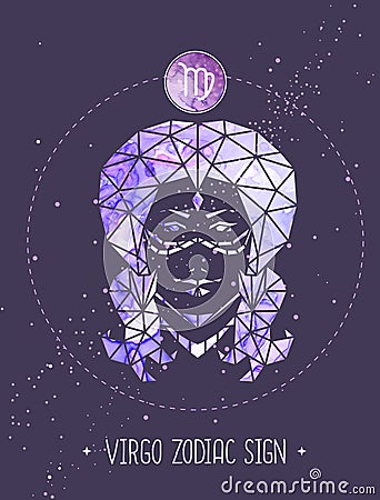 Modern magic witchcraft card with polygonal astrology Virgo zodiac sign. Polygonal woman head Vector Illustration