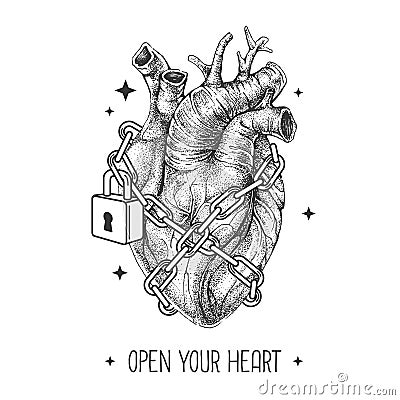 Modern magic witchcraft card with realistic human heart chained with a padlock. Vector Illustration