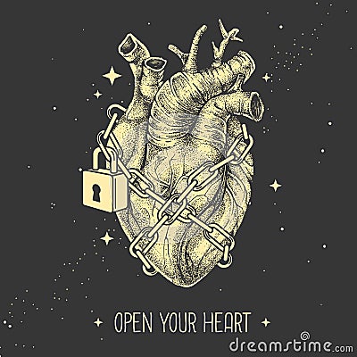 Modern magic witchcraft card with realistic human heart chained with a padlock on space background. Vector Illustration