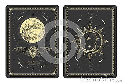 Modern magic witchcraft taros cards with butterfly and full moon. Sun and moon with human face. Vector Illustration