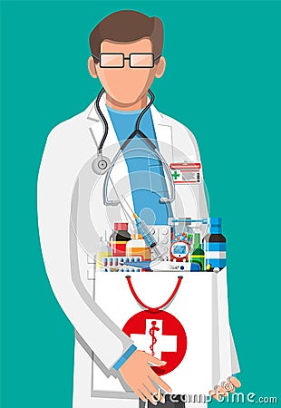 Modern male pharmacist with pharmacy bag. Vector Illustration