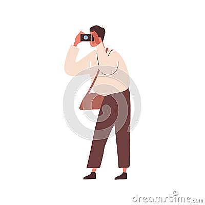 Modern man photographing. Male photographer taking picture. Tourist hold camera. Young reporter taking photo. Flat Vector Illustration