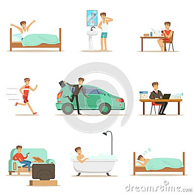 Modern Man Daily Routine From Morning To Evening Series Of Cartoon Illustrations With Happy Character Vector Illustration