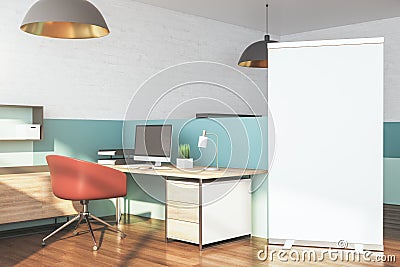 Modern manager office with blank vertical banner Stock Photo