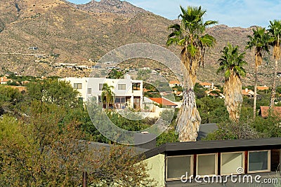 Modern mansions in the hills of the sonora desert in the moutains of arizona with visible palm trees and cactuses Stock Photo