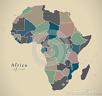 Modern Map - Africa continent with countries political colored Cartoon Illustration