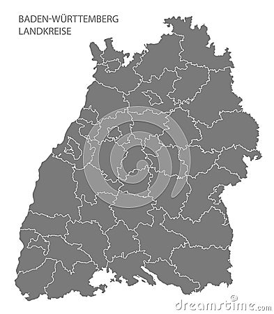 Modern Map - Baden Wuerttemberg map of Germany with counties gray Cartoon Illustration