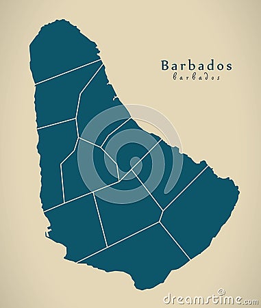 Modern Map - Barbados with parishes BB Cartoon Illustration