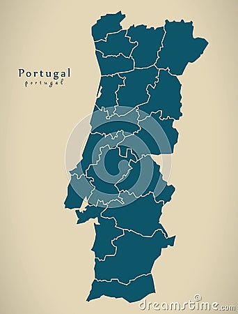 Modern Map - Portugal with districts PT Cartoon Illustration