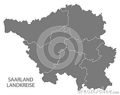 Modern Map - Saarland map of Germany with counties gray Cartoon Illustration