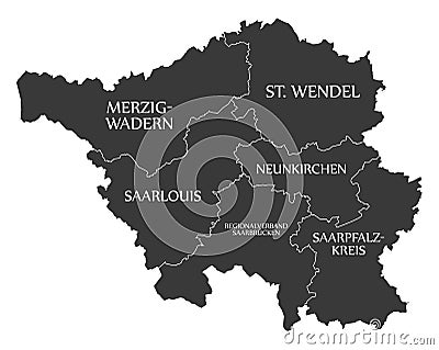 Modern Map - Saarland map of Germany with counties and labels black Cartoon Illustration