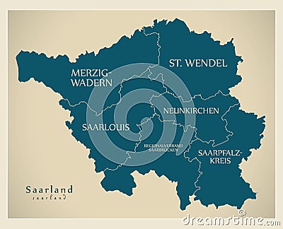 Modern Map - Saarland map of Germany with counties and labels Cartoon Illustration