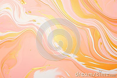 A modern marbling background featuring beautiful peach fuzz paint swirls with accents of gold powder Stock Photo