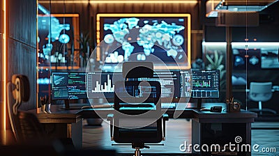 Modern marketers office with AI algorithms analyzing user behavior and optimizing ad campaigns on computer screens Stock Photo