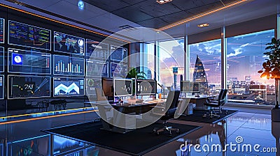 A modern marketers office featuring large screens displaying AI algorithms that analyze user behavior and optimize ad Stock Photo