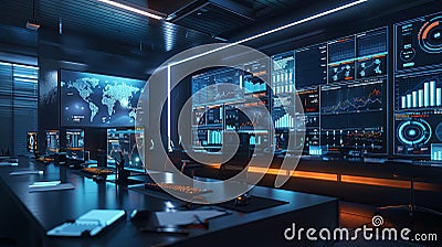 A modern marketers office featuring screens displaying AI algorithms analyzing user behavior and optimizing ad campaigns Stock Photo