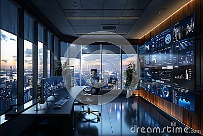 A modern marketers office with large screens displaying AI algorithms analyzing user behavior and optimizing ad Stock Photo